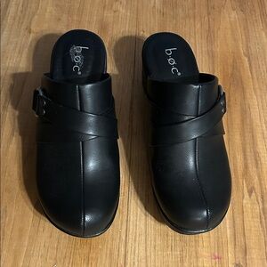 B.O.C. Black Leather Slip-On Clogs